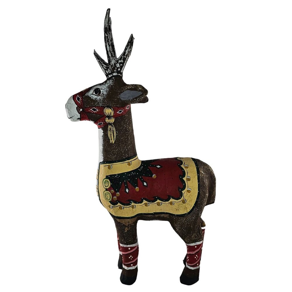 Hand Painted Papier Mache Reindeer Statue With Antlers Colorful Saddle Christmas